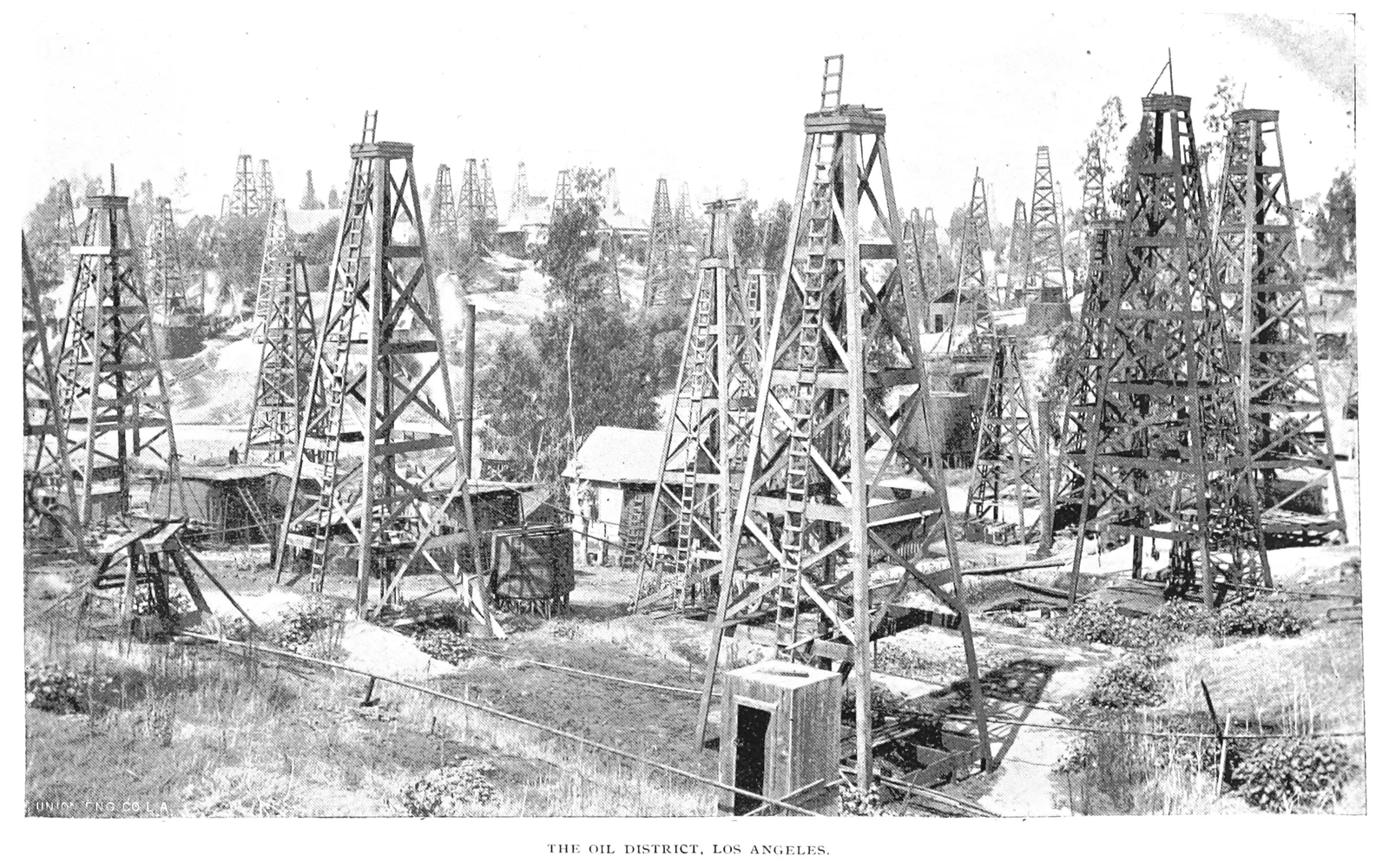 Historic photograph of oil derricks densely packed across the Los Angeles oil district landscape